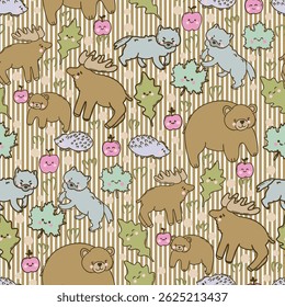 Cute kawaii Woodland Animals Vector Seamless Pattern in Pastel Colors