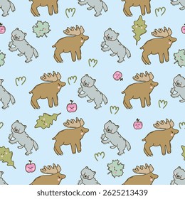Cute kawaii Woodland Animals Vector Seamless Pattern in Pastel Colors