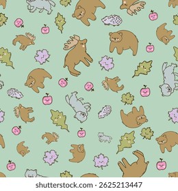 Cute kawaii Woodland Animals Vector Seamless Pattern in Pastel Colors