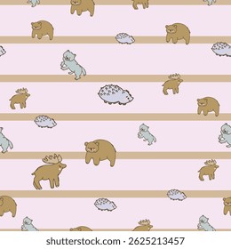 Cute kawaii Woodland Animals Vector Seamless Pattern in Pastel Colors