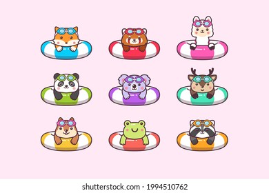 Cute Kawaii 
Animales De Verano De Woodland Nadando Con Boya De Anillo De Natación Y Gafas De Natación