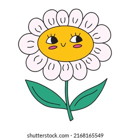 Cute kawaii y2k daisy chamomile flower with smile face and leaves. vector illustration isolated on white background. Sweet plant character, retro 90s design element, print