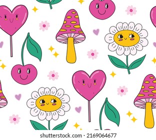 Cute kawaii y2k daisy seamless pattern background with daisy chamomile flower, cherry with smile face, butterfly, trippy groovy mushroom. Bright vector background with colorful elements. Sweet plant