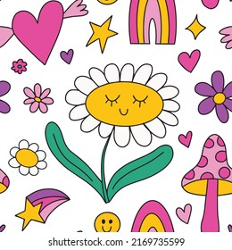 Cute kawaii y2k daisy seamless pattern background with daisy chamomile flower, hearts, rainbow, trippy groovy mushroom. Bright vector background with colorful elements. retro 90s, 2000s print