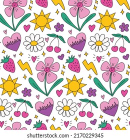 Cute kawaii y2k Gänseblümchen-Hintergrund mit lächelnder Blume, Herz, Erdbeere, Sonne. Heller Vektorhintergrund mit bunten Elementen. Retro-Druck der 90er, 2000er