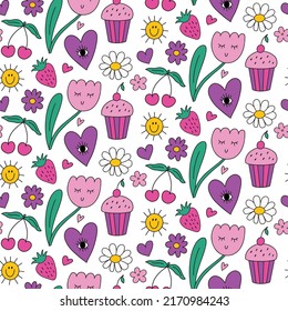 Cute kawaii y2k daisy seamless pattern background with smiling tulip flower, heart with eye, stars, strawberry. Bright vector background with colorful elements. retro 90s, 2000s print.