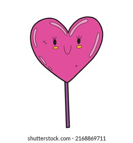 Cute kawaii y2k heart shaped lollypop with smile face. Vector illustration isolated on white background. Sweet character, retro 90s design element, print