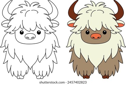 Lindo kawaii yak personaje de dibujos animados para colorear Ilustración vectorial de página. Página para colorear de animales de granja para niños