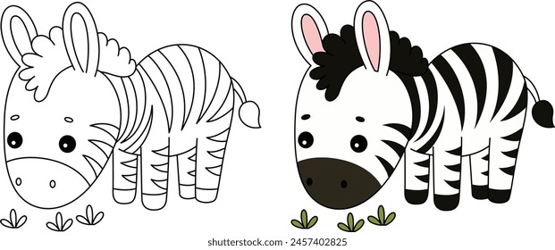 Nettes Kawaii Zebra ist grasende Cartoon Charakter Färbung Seite Vektorillustration. 