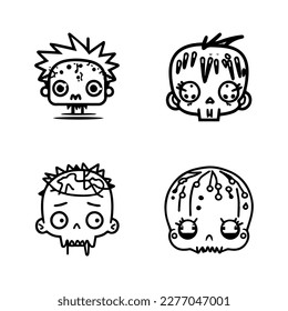cute kawaii zombie head collection set hand drawn line art illustration
