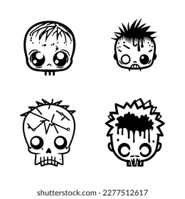 cute kawaii zombie head collection set hand drawn line art illustration