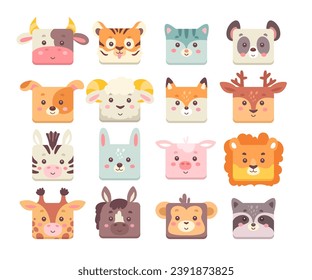 Zoológico Cute kawaii, bosque, granja, caras cuadradas de animales de compañía, graciosas muzzles ilustraciones vectoriales. Perro y gato, vaca, barco, cerdo, conejo, tigre, león, panda, zorro, mapache, caballo, mono, cebra, ciervo, girafa