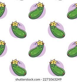 Cute Kawaii Zucchini seamless pattern in doodle style. Vector hand drawn cartoon Zucchini illustration. Hand drawn Sketch of Zucchini. Pattern for kids clothes.