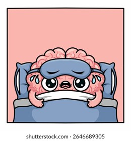 A cute kawaii-style brain character lying in bed at 2AM with a sleep mask, sweating and thinking too much. Surrounded by anxious thoughts like "What if I fail tomorrow?" and "Is the universe infinite?