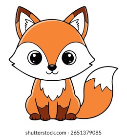 Uma fofa, kawaii-estilo desenho animado bebê raposa sentada. Adorável personagem animal da floresta com olhos grandes e uma cauda espessa. Vetor isolado para livros infantis e decoração.