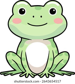 A cute kawaii-style cartoon frog sitting calmly, drawn in clean black line art with soft pastel green color fill and blushing cheeks. This minimal illustration is perfect for stickers, children’s book
