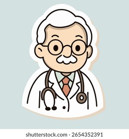 Cute kawaii-style grandpa doctor sticker with glasses, white coat, and stethoscope. Perfect for medical sticker packs, children's illustrations, planner designs, and cute hospital-themed sets.