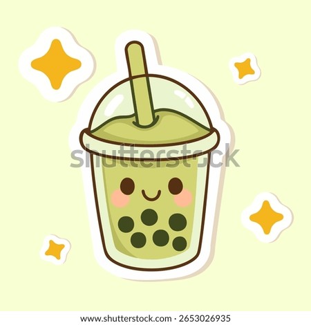 A cute kawaii-style matcha bubble tea cup with a smiling face, big straw, and tapioca pearls at the bottom. Perfect for use in sticker packs, journaling, and digital scrapbooking.