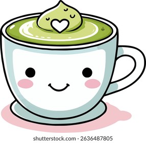 A cute kawaii-style matcha latte with a smiling face and heart foam, in a pastel ceramic cup. Perfect for stickers and kids-friendly products. Isolated on a white background.