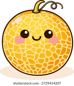 A cute Kawaii-style melon with a big smiling face and expressive eyes. This cheerful fruit illustration features a soft yellow and green melon, making it perfect for fresh, fun designs.