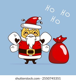 Cute kawaii-style vector illustration of a bee dressed as Santa Claus, carrying a sack of gifts and joyfully saying "Ho-Ho-Ho." Perfect for Christmas and holiday-themed designs, cards, and decorations