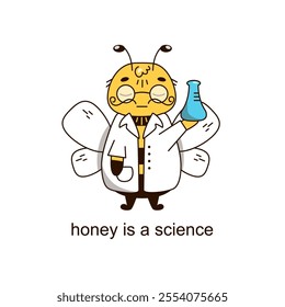 Cute kawaii-style vector illustration of a bee dressed as a scientist, complete with glasses and a lab coat. Perfect for educational projects, science-themed designs, children’s materials.