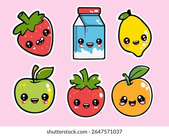 Cute kawaii-style vector illustration features happy milk box, strawberry, lemon, and apple. Trendy rounded shapes, bold outlines, pastel bright colors.