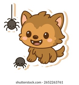 Personagem lobisomem estilo kawaii bonito com duas aranhas amigáveis, ilustrado em tons pastel macio. Perfeito para projetos de Halloween, ilustrações infantis, adesivos e mercadoria assustadora-divertida.