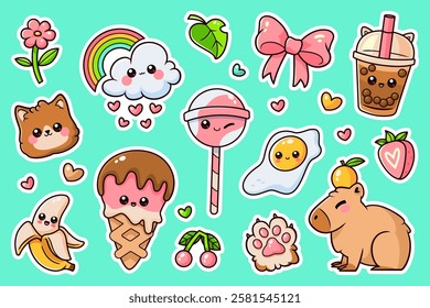 Cute kawaii-themed stickers of various objects and animals with smiling faces. Colorful cartoon design with white borders on turquoise background. Playful characters and food illustrations.