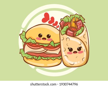 cute kebab and burger couple concept. cartoon