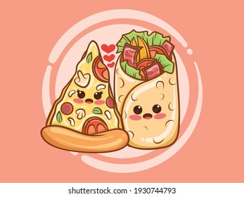 cute kebab and pizza slices couple concept. cartoon