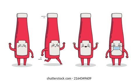 Cute ketchup cartoon character set 1 of waving hand, running, spreading love and wearing a mask