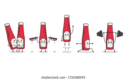 Cute Ketchup Character Set 1: Dancing, killer, flying, yoga and strong ketchup