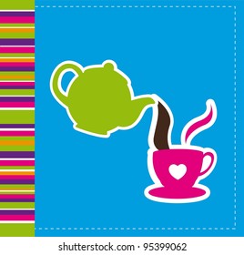 cute kettle and coffee cup over blue background. vector