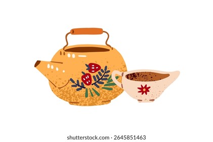 Cute kettle and gravy boat for breakfast. Metal teapot for boiling water and cup of milk. Pot for cooking tea, hot drinks, beverages. Flat isolated hand drawn vector illustration on white background