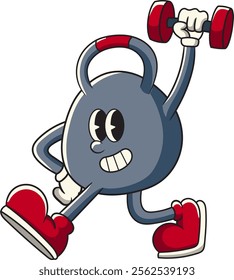 Cute Kettlebell lifting Dumbbell in Retro Cartoon Character Vector Illustration