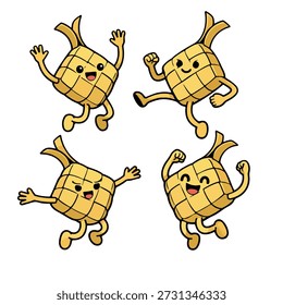 Personajes Ketupat lindos en cuatro posturas Vector plano