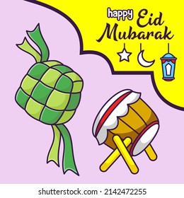 Cute Ketupat and Drum in Cartoon. Eid Mubarak Vector Illustration. Flat Style Concept.