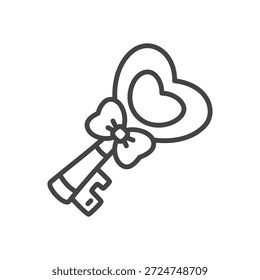Icono de la llave linda. Ilustración dibujada a mano monocromática de una llave mágica con cabeza en forma de corazón y lazo de cinta. Pegatina Kawaii. Vector 10 EPS.