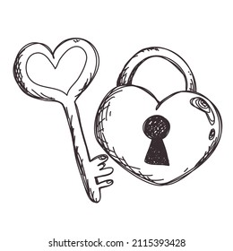 Cute key and lock. Heart shaped padlock with funny keys on a white background. Sticker, icon, design element with valentines day.