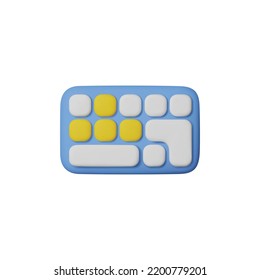 Cute keyboard in 3d render, vector illustration isolated on white background. Concepts of video games, computers and office work. Keyboard with 3d buttons.