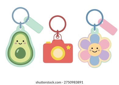 Cute Keychain and Bag Charms Collection, Kawaii Avocado and Camera Accessories, Fashionable Keychain Clipart