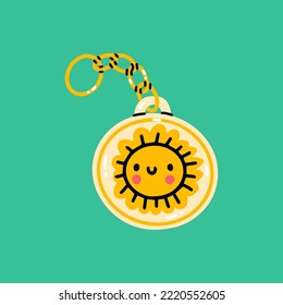 Cute Keychains. Modern key with pendant. Hand drawn Kawaii Vector illustration. Cute bright sun. Home rental, property, real estate concept.