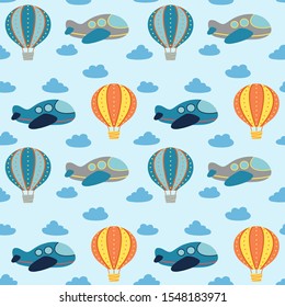 Cute kid air transport seamless pattern with plane and hot air balloon. Birthday, vacation and holiday flat vector nursery print.