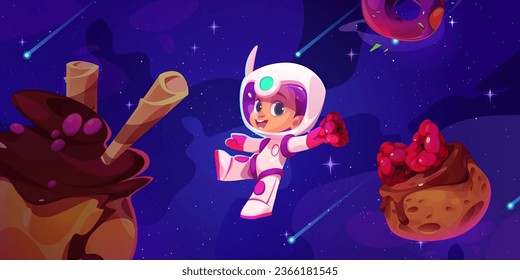 Cute kid astronaut flying in fantasy space with planets sweet baked dessert and holding raspberry. Cartoon vector happy smiling child boy cosmonaut in spacesuit and helmet floating in cosmos candyland