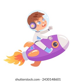 Cute kid astronaut flying on rocket in space. Cartoon boy in cosmos vector illustration. Male young pilot of spaceship. Small scientist. Funny air adventure in galaxy. Back to school concept.