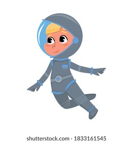 Cute Kid Astronaut in Outer Space Suit Floating in Space, Boy Playing Astronauts, Space Tourist Character Cartoon Style Vector Illustration