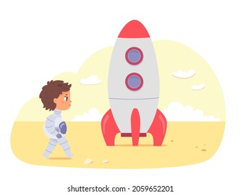 Cute kid astronaut with space rocket vector illustration. Cartoon funny boy child cosmonaut in spacesuit walking on alien planet to spaceship, spaceman character holding helmet isolated on white