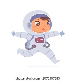 Cute kid astronaut in spacesuit and helmet vector illustration. Cartoon boy professional spaceman running, discovery of galaxy, spacewalk and cosmic travel adventure in space isolated on white