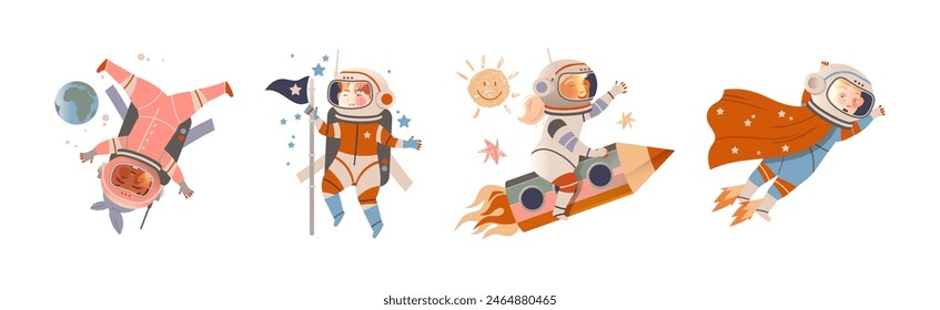 Cute Kid Astronauts and Cosmonaut in Outer Space Vector Set